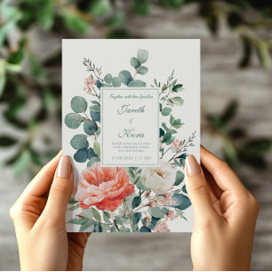 Elegant Coral Peony Eucalyptus Watercolor Invitation