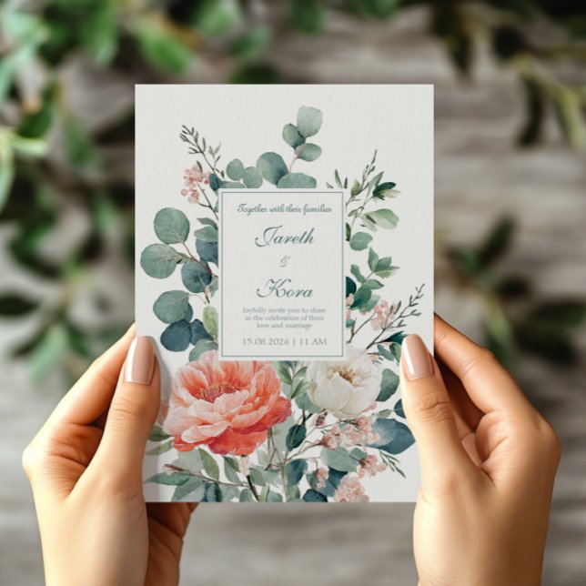 Elegant Coral Peony Eucalyptus Watercolor Invitation (Creator Uploaded)