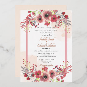 Elegant Coral Peony Floral Wreath Wedding Foil Inv Invitation