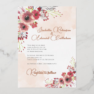 Elegant Coral Peony Floral Wreath Wedding Foil Invitation