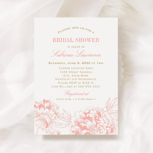 Elegant Coral Peony Sketch Wedding Shower Invitation