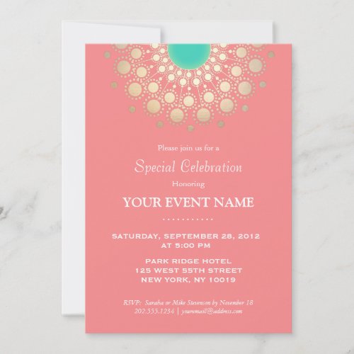 Elegant Coral Pink and Gold Circle Motif Party Invitation