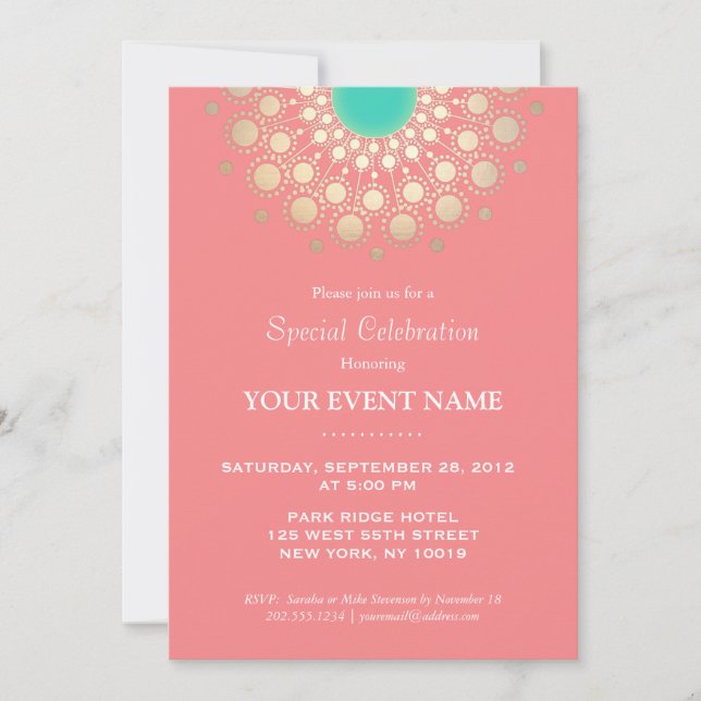 Elegant Coral Pink and Gold Circle Motif Party Invitation (Front)