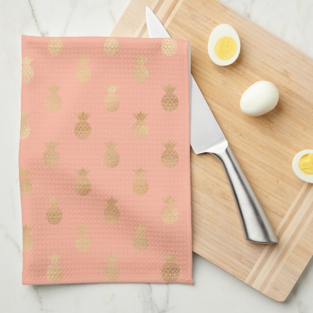 Elegant Coral Pink and Gold Pineapple Pattern Kitchen Towel (Quarter Fold)