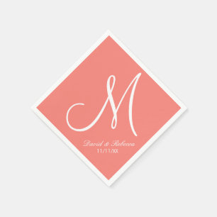 Elegant Coral Pink and White Monogram Paper Napkins