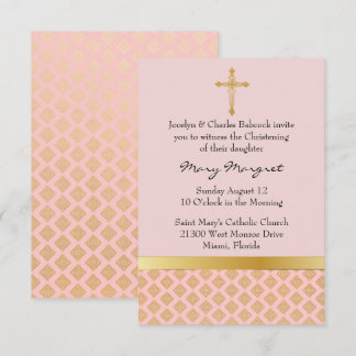 Elegant Coral Pink Baby Christening Invitation