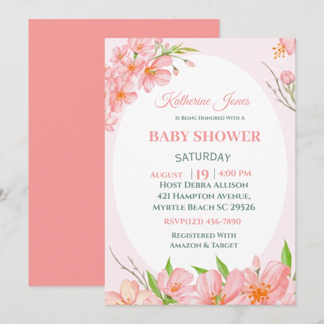 Elegant Coral Pink Floral Baby Shower Invitation (Front/Back)