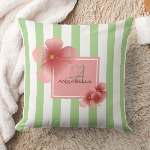 Elegant Coral Pink Floral GreenWhite Stripes Throw Pillow