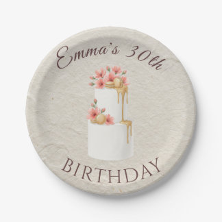 Elegant Coral Pink Floral Rose Gold Birthday Cake Paper Plates