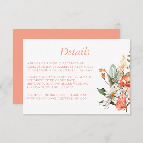 Elegant Coral Pink Floral Wedding Details Card