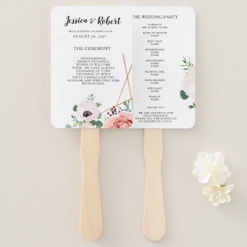 Elegant Coral Pink Flowers Wedding Program Custom Hand Fan