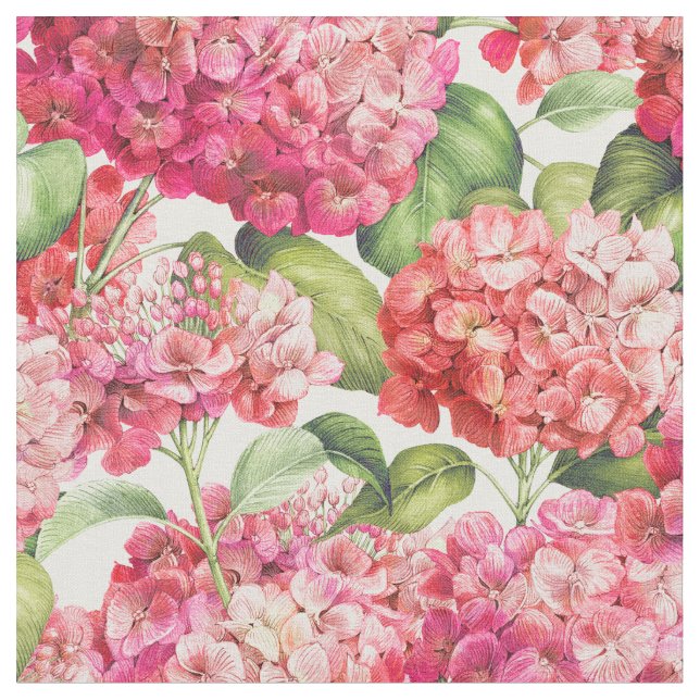 Elegant Coral Pink Hydrangea Floral Pattern Fabric (Close Up)