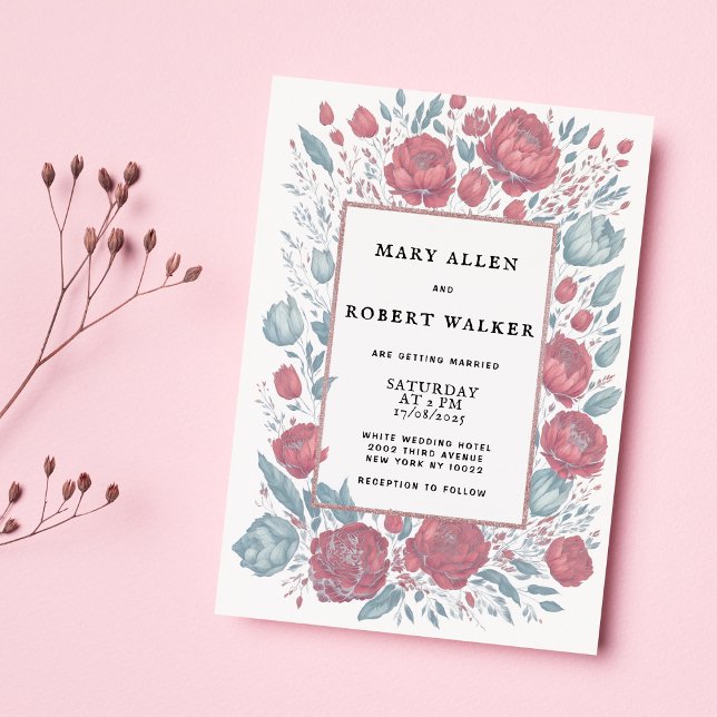 Elegant coral pink light blue floral frame wedding invitation (Elegant coral pink light blue floral frame wedding)