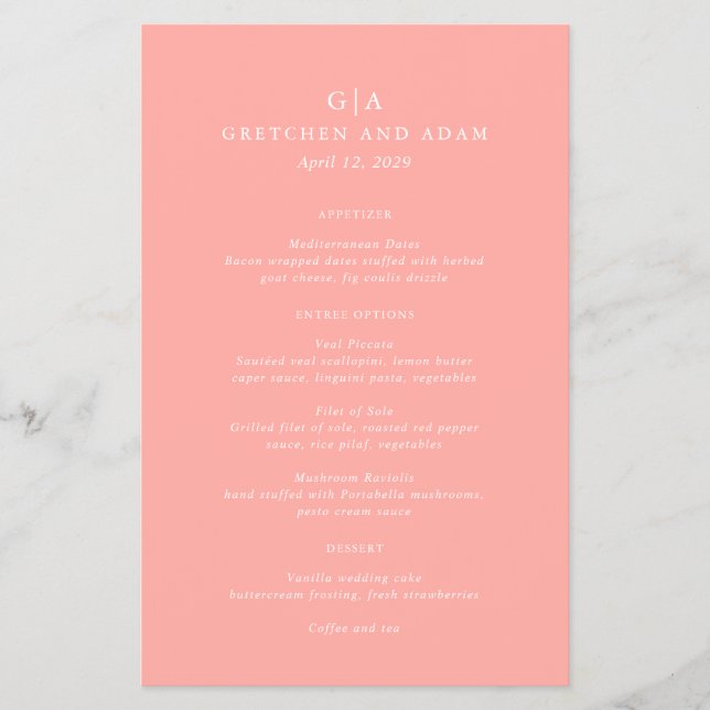 Elegant Coral Pink Modern Budget Wedding Menu Flyer (Front)