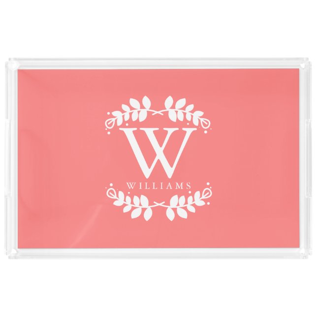 Elegant Coral Pink Modern Monogram Acrylic Tray (Front)