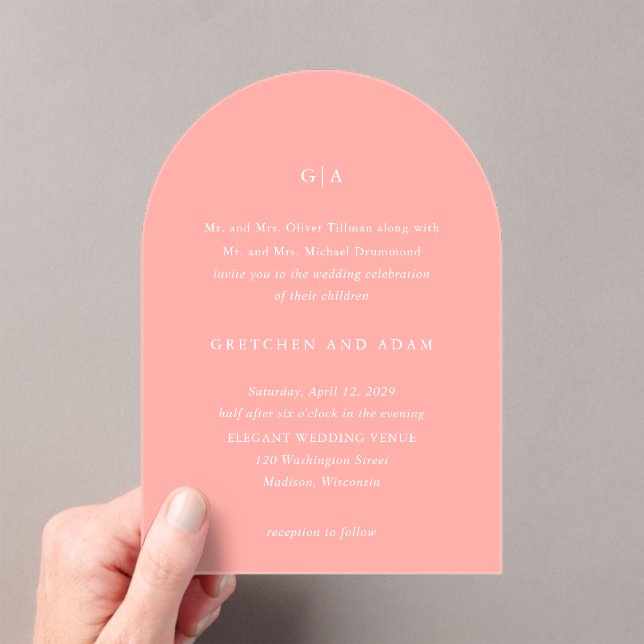 Elegant Coral Pink Modern Wedding Acrylic Invitations (Insitu (Handheld))