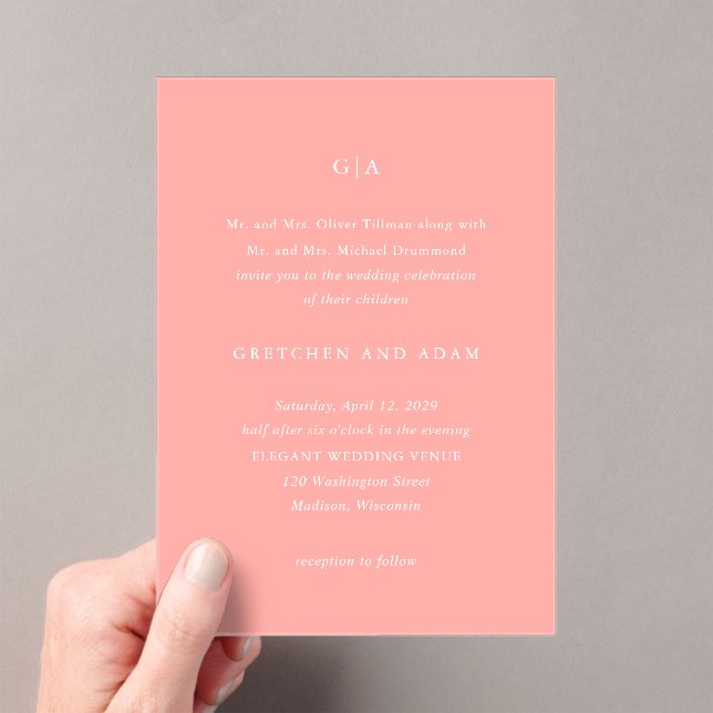 Elegant Coral Pink Modern Wedding Acrylic Invitations (Insitu (Handheld))