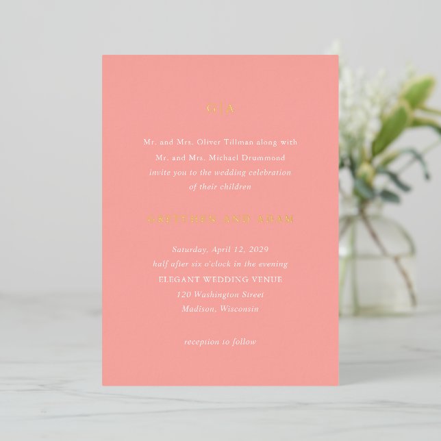 Elegant Coral Pink Modern Wedding Foil Invitation (Standing Front)
