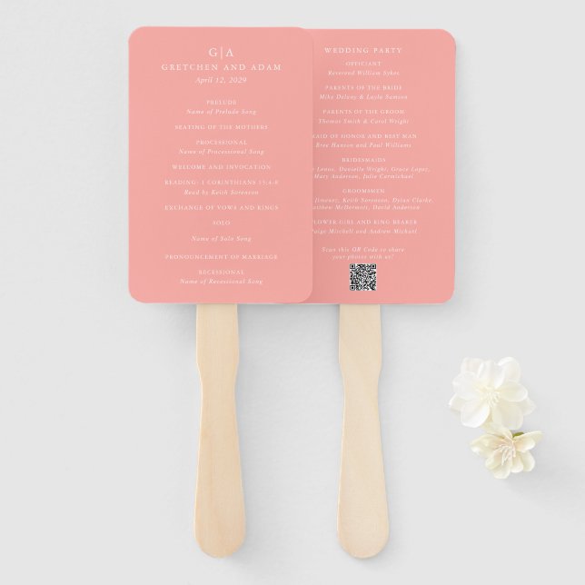 Elegant Coral Pink Modern Wedding Program Hand Fan (Front and Back)