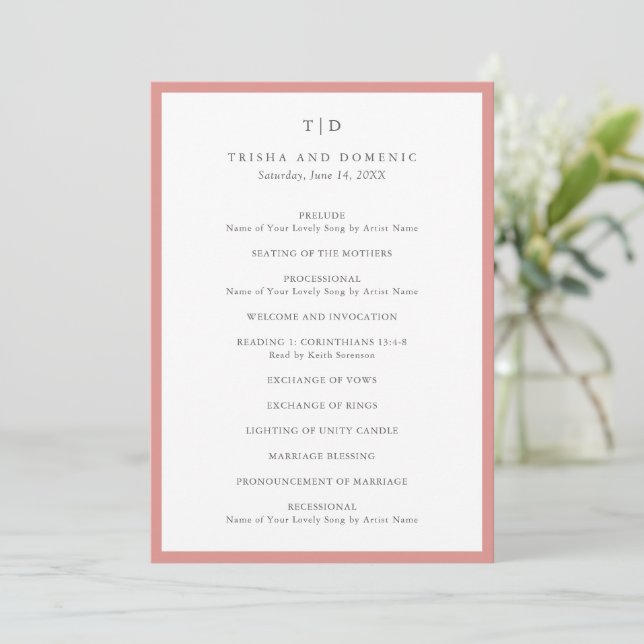 Elegant Coral Pink Monogram Modern Wedding Program (Standing Front)