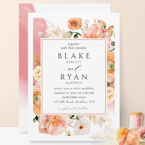 Elegant Coral Pink Peach Botanical Wedding Invitation
