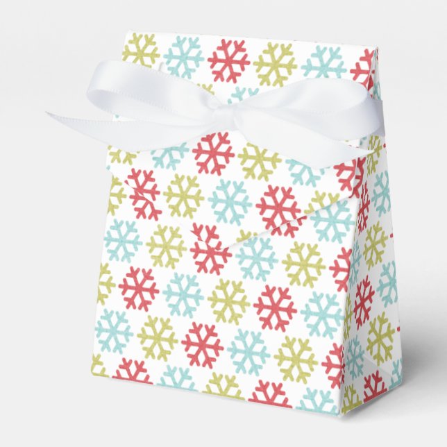 Elegant Coral Pink Red Mint Blue Green Snowflakes Favor Boxes (Front Side)