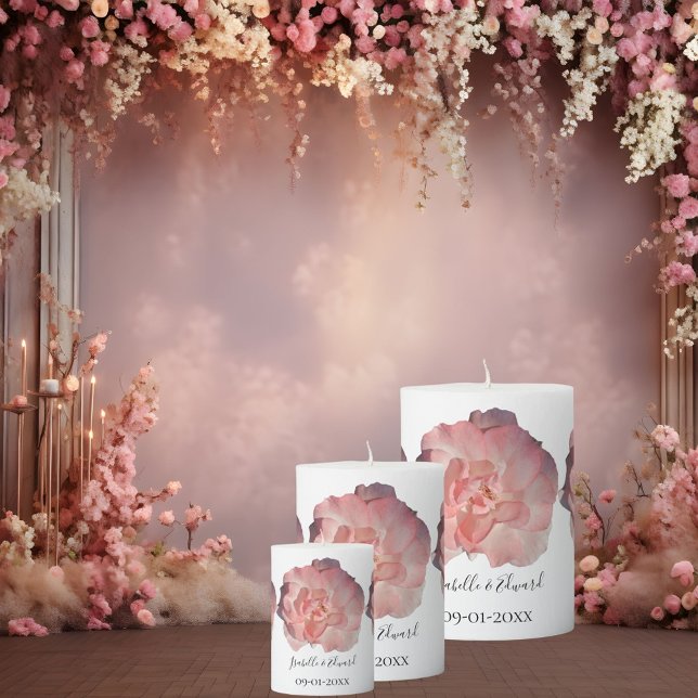 Elegant Coral Pink Rose Floral Wedding Reception Pillar Candle (Creator Uploaded)