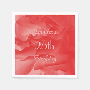 Elegant Coral Pink Rose, Name, Birthday Party Paper Napkins