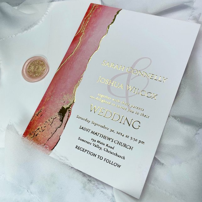 Elegant Coral Pink Topaz and Gold Wedding Foil Invitation (Elegant Coral Pink and Gold Wedding Foil Invitation with pink and gold Envelope wax seal.)