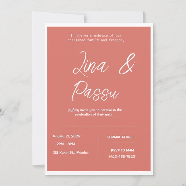 Elegant Coral Pink Wedding Invitation Card (Front)