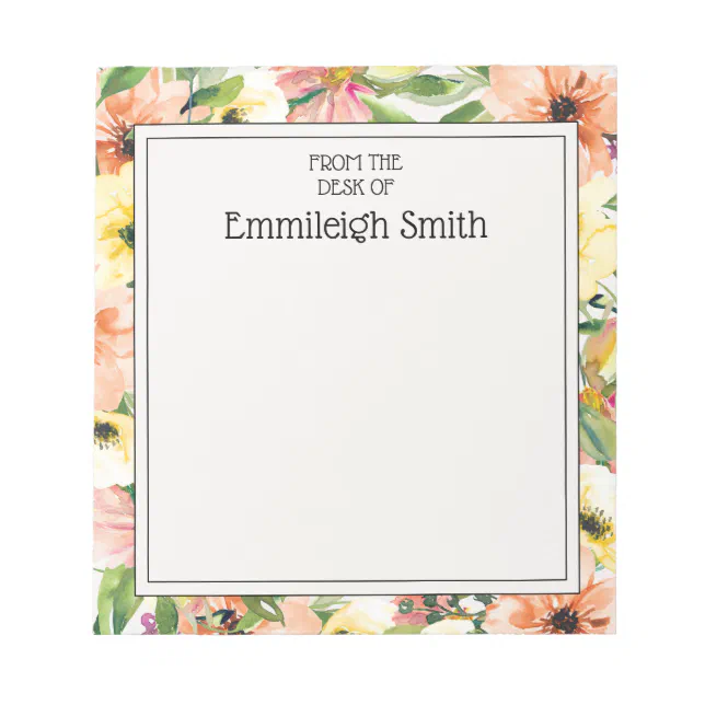 Elegant Coral Pink Yellow Watercolor Garden Floral Notepad | Zazzle