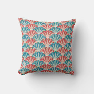 Elegant Coral Red Blue Tan Retro Peacock Pattern Throw Pillow