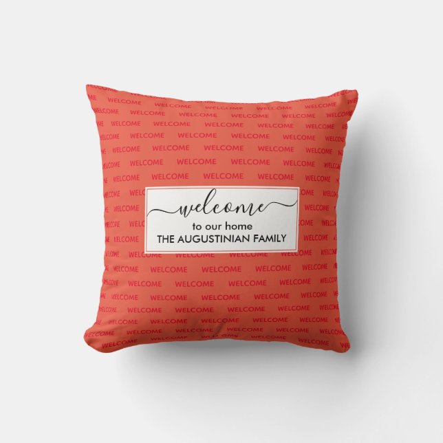 Elegant Coral Red Custom WELCOME TO OUR HOME Throw Pillow (Front)