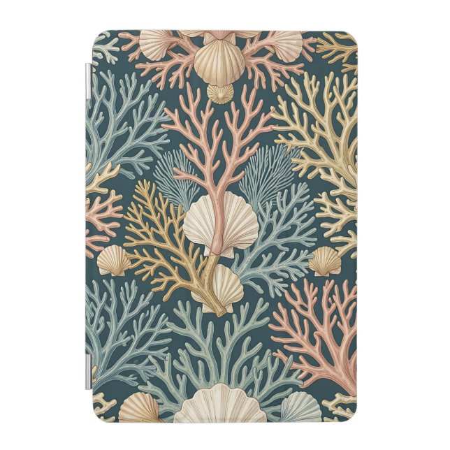 Elegant Coral Reef Seashell Pattern Teal iPad Mini Cover (Front)