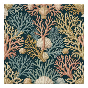 Elegant Coral Reef Seashell Pattern Teal Poster