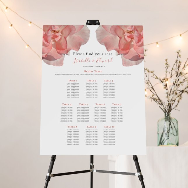 Elegant Coral Rose 10 Table Seating Chart Foam Board (Creator Uploaded)