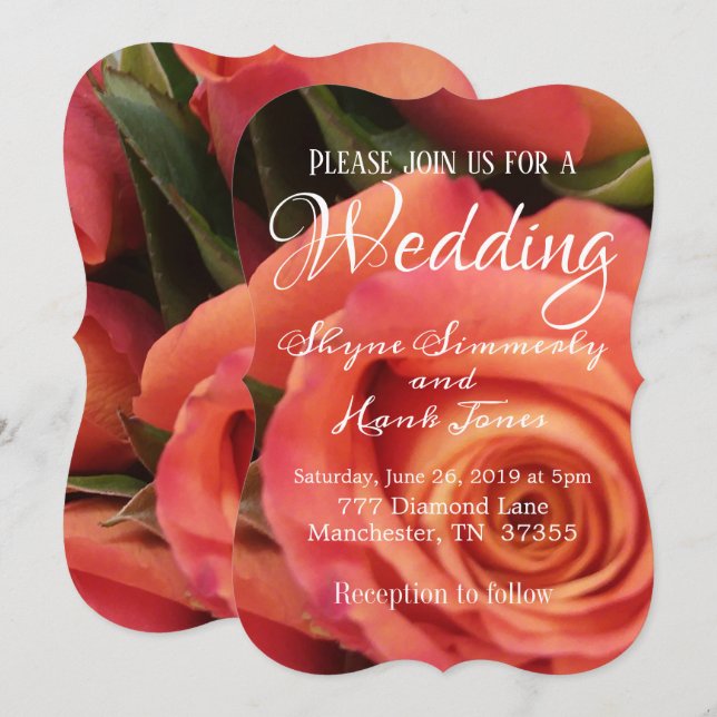 Elegant Coral Rose Wedding Invitation (Front/Back)