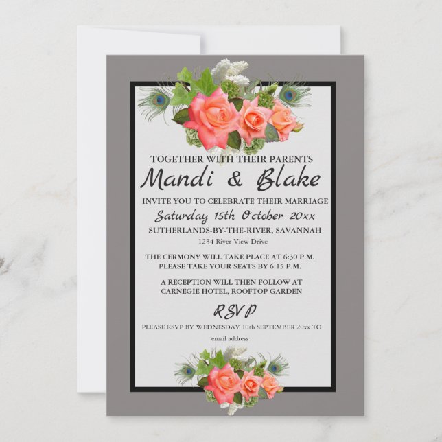 Elegant Coral Roses & Gray Wedding Invitation (Front)