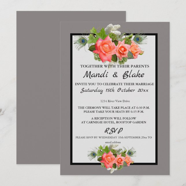 Elegant Coral Roses & Gray Wedding Invitation (Front/Back)
