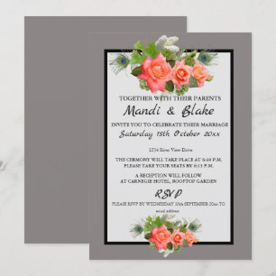 Elegant Coral Roses & Gray Wedding Invitation