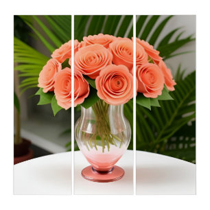 Elegant Coral Roses in Glass Bottle on Table Triptych