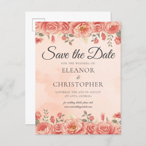 Elegant Coral Roses Watercolor Peach Floral Announcement Postcard