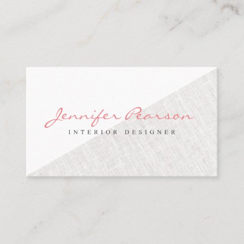 Elegant coral script modern beige linen colorblock business card