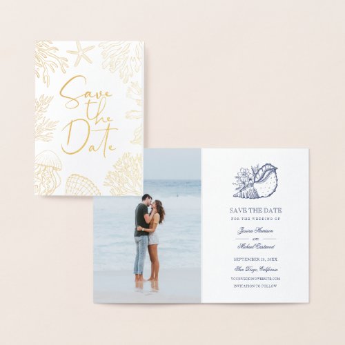 Elegant Coral Seashell Classy Photo Save The Date Foil Card