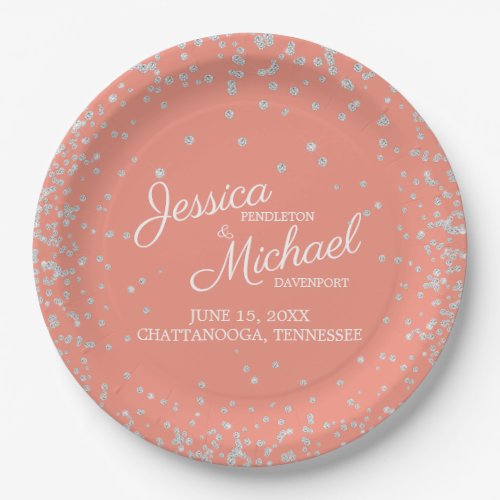 Elegant Coral Silver Glitter White Wedding Paper Plates