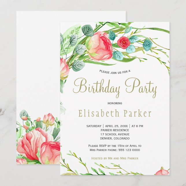 Elegant coral teal garden roses birthday party invitation (Front/Back)