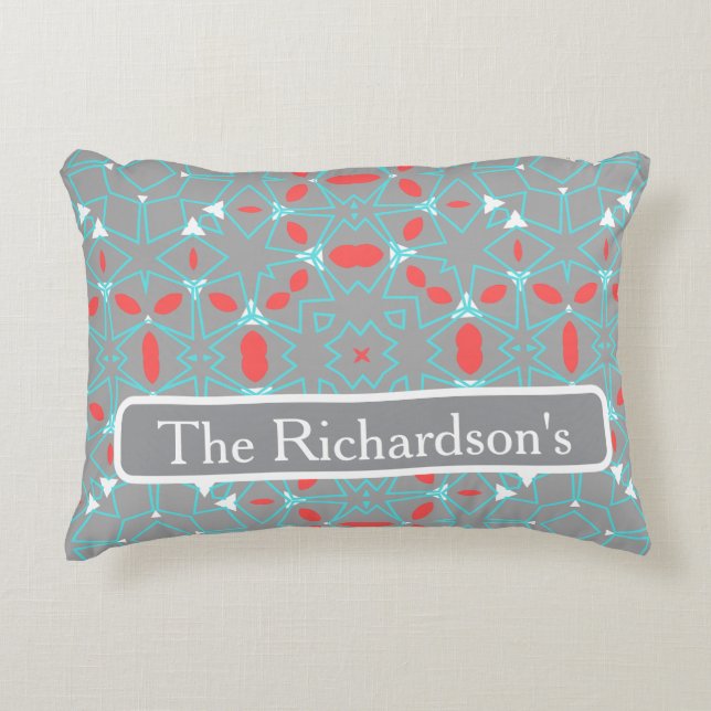 Elegant Coral Turquoise Grey Geometric Pattern  Accent Pillow (Front)