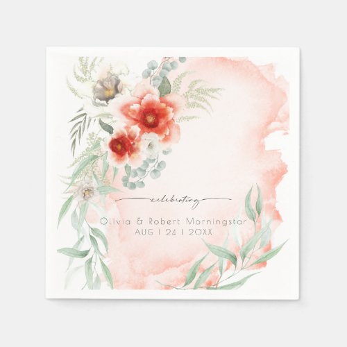 Elegant Coral Watercolor Flowers Napkins