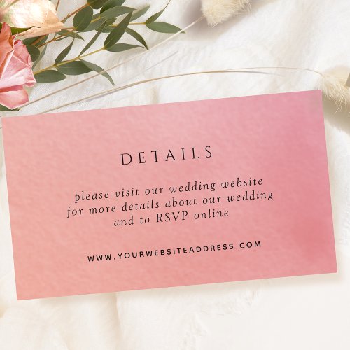Elegant Coral Watercolor Wedding Website  Details Enclosure Card