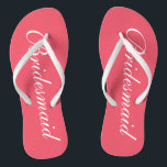Elegant coral wedding flip flops for bridesmaids<br><div class="desc">Elegant coral pink wedding flip flops for bridesmaids. Custom background and strap color personalizable with name or monogram initials optional. Modern his and hers sandals with stylish script calligraphy typography. Cute party favor for beach theme wedding, marriage, bridal shower, engagement, anniversary, bbq, bachelorette, bachelor, girls weekend trip etc. Make your...</div>